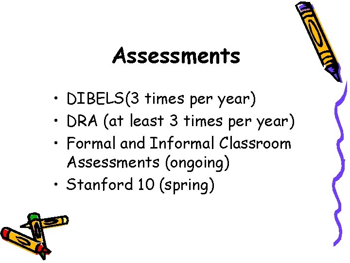 Assessments • DIBELS(3 times per year) • DRA (at least 3 times per year) Assessments • DIBELS(3 times per year) • DRA (at least 3 times per year)