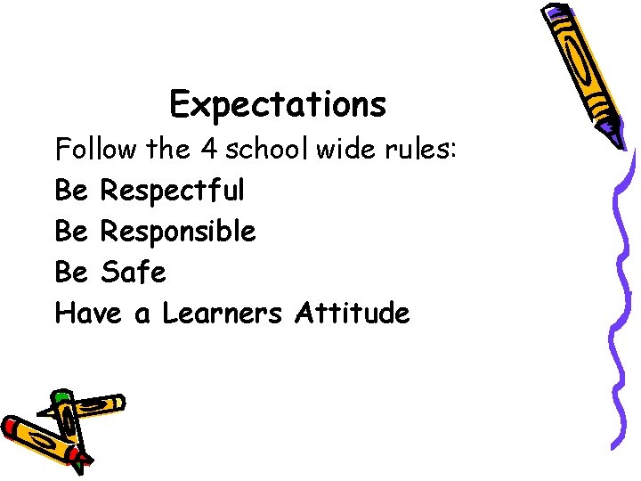 Expectations Follow the 4 school wide rules: Be Respectful Be Responsible Be Safe Have Expectations Follow the 4 school wide rules: Be Respectful Be Responsible Be Safe Have