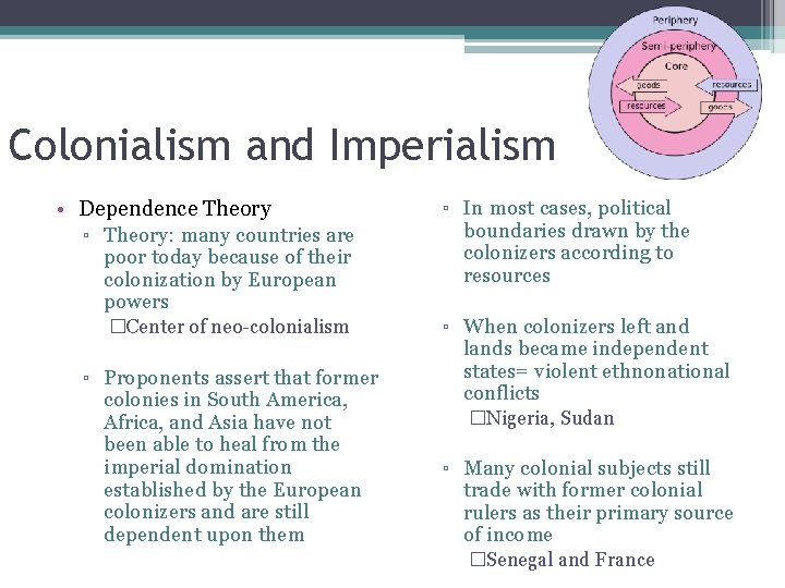 Colonialism and Imperialism • Dependence Theory ▫ Theory: many countries are poor today because Colonialism and Imperialism • Dependence Theory ▫ Theory: many countries are poor today because