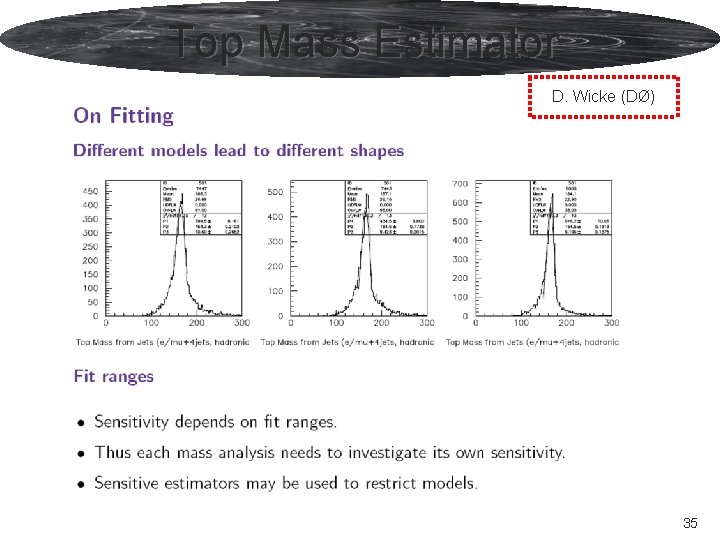 Top Mass Estimator D. Wicke (DØ) Peter Skands Event Generator Status 35 Top Mass Estimator D. Wicke (DØ) Peter Skands Event Generator Status 35