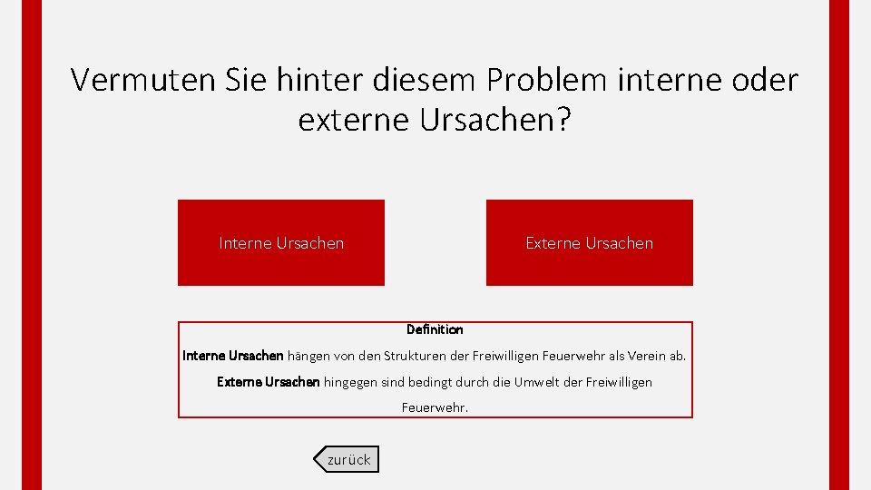 Vermuten Sie hinter diesem Problem interne oder externe Ursachen? Interne Ursachen Externe Ursachen Definition