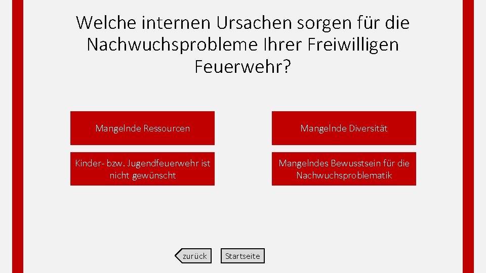 Welche internen Ursachen sorgen für die Nachwuchsprobleme Ihrer Freiwilligen Feuerwehr? Mangelnde Ressourcen Mangelnde Diversität