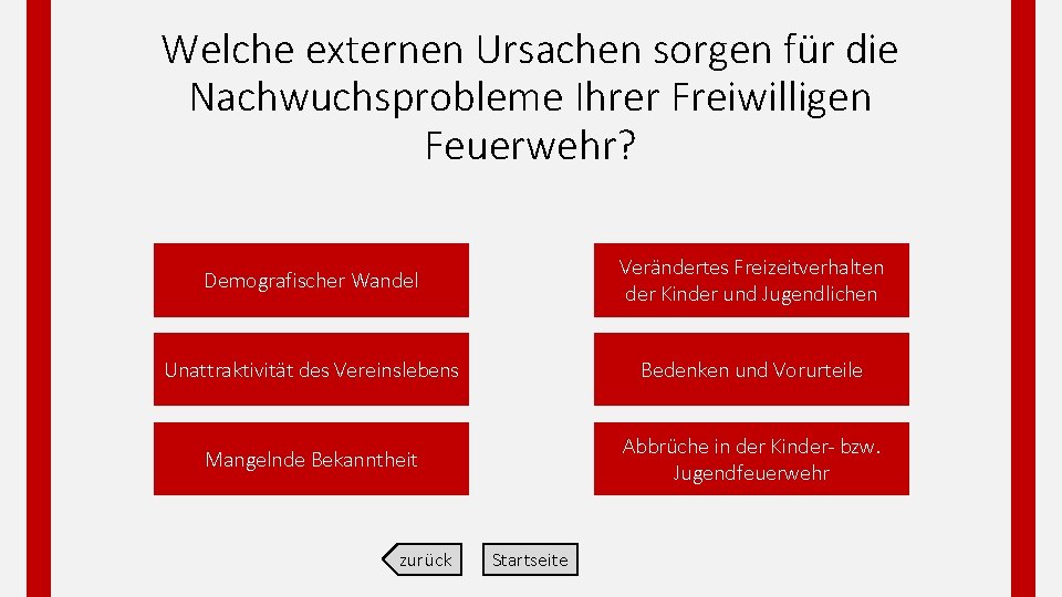 Welche externen Ursachen sorgen für die Nachwuchsprobleme Ihrer Freiwilligen Feuerwehr? Demografischer Wandel Verändertes Freizeitverhalten