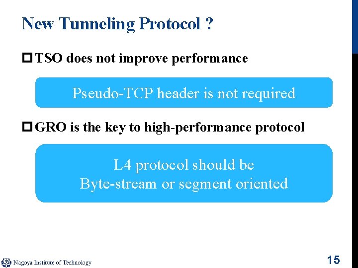 New Tunneling Protocol ? p TSO does not improve performance Pseudo-TCP header is not