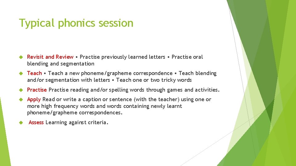 Typical phonics session Revisit and Review • Practise previously learned letters • Practise oral Typical phonics session Revisit and Review • Practise previously learned letters • Practise oral