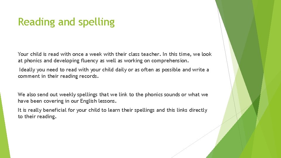 Reading and spelling Your child is read with once a week with their class Reading and spelling Your child is read with once a week with their class