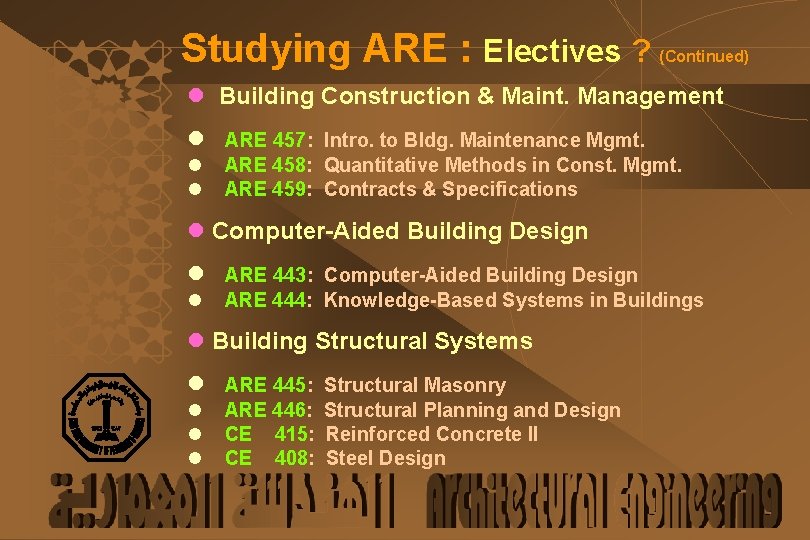 Studying ARE : Electives ? (Continued) l Building Construction & Maint. Management l ARE