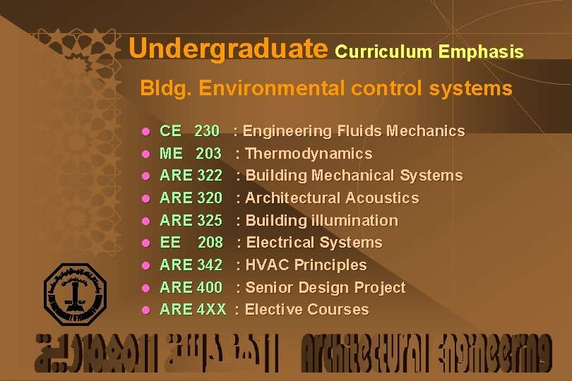 Undergraduate Curriculum Emphasis Bldg. Environmental control systems l CE 230 : Engineering Fluids Mechanics