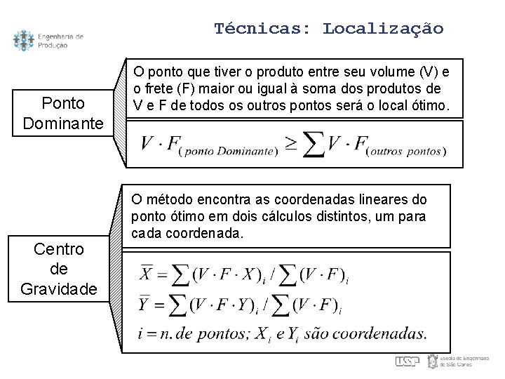 Técnicas: Localização Ponto Dominante Centro de Gravidade O ponto que tiver o produto entre