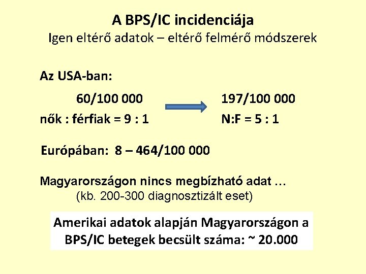 A BPS/IC incidenciája Igen eltérő adatok – eltérő felmérő módszerek Az USA-ban: 60/100 000