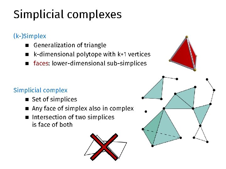 Simplicial complexes (k-)Simplex n Generalization of triangle n k-dimensional polytope with k+1 vertices n Simplicial complexes (k-)Simplex n Generalization of triangle n k-dimensional polytope with k+1 vertices n