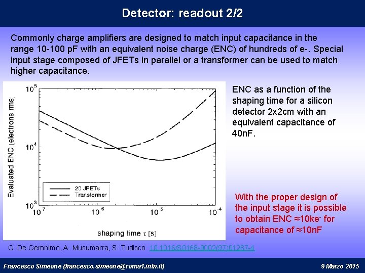 Detector: readout 2/2 Commonly charge amplifiers are designed to match input capacitance in the