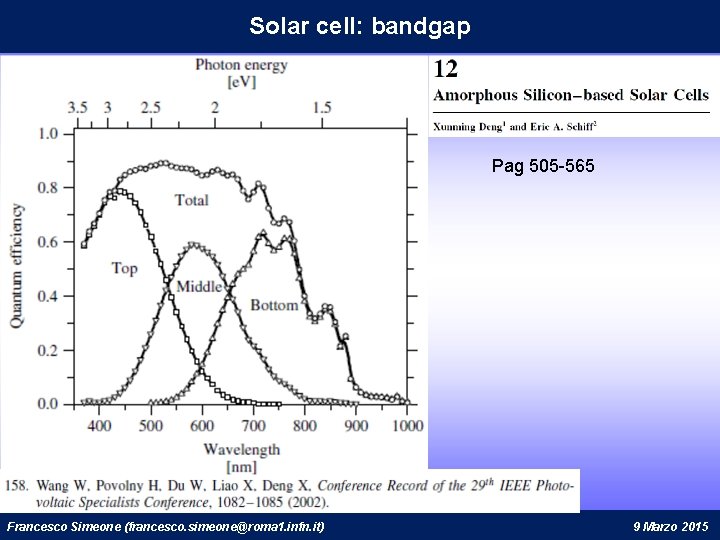 Solar cell: bandgap Pag 505 -565 Francesco Simeone (francesco. simeone@roma 1. infn. it) 9