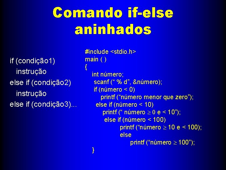 Comando if-else aninhados if (condição 1) instrução else if (condição 2) instrução else if