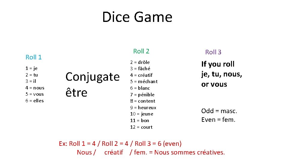 Dice Game Roll 2 Roll 1 1 = je 2 = tu 3 =