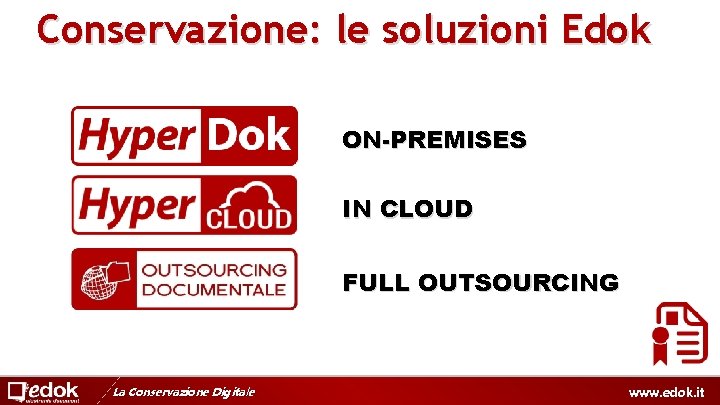 Conservazione: le soluzioni Edok ON-PREMISES IN CLOUD FULL OUTSOURCING La Conservazione Digitale www. edok.