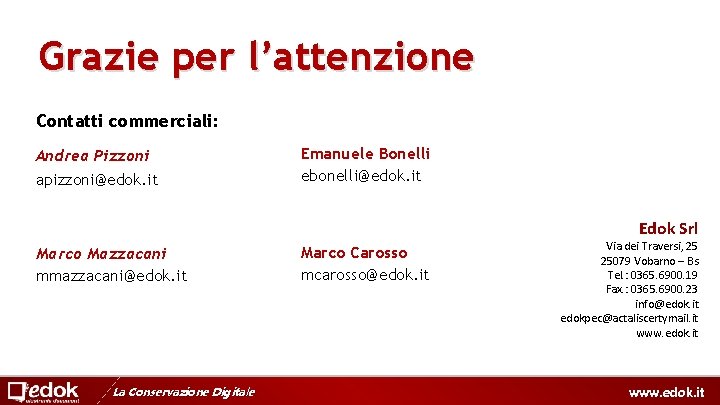 Grazie per l’attenzione Contatti commerciali: Andrea Pizzoni apizzoni@edok. it Emanuele Bonelli ebonelli@edok. it Edok