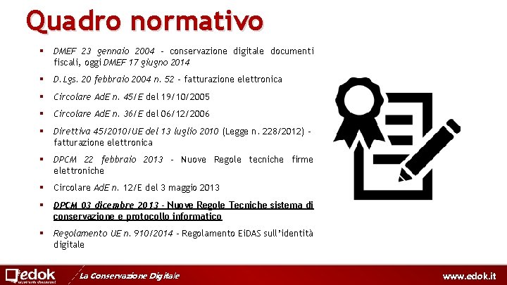 Quadro normativo § DMEF 23 gennaio 2004 - conservazione digitale documenti fiscali, oggi DMEF