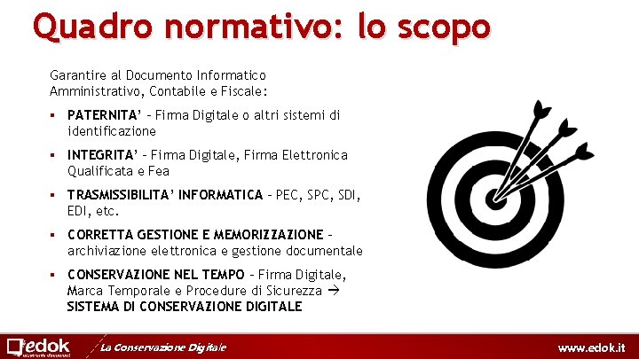 Quadro normativo: lo scopo Garantire al Documento Informatico Amministrativo, Contabile e Fiscale: § PATERNITA’