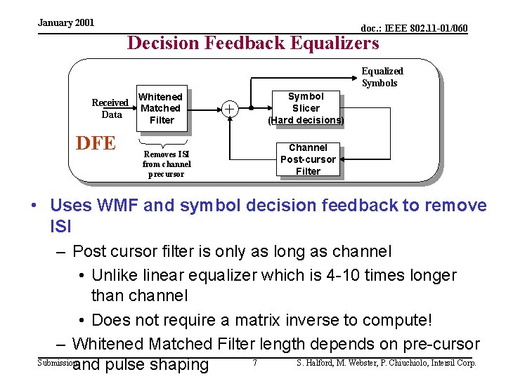 January 2001 doc. : IEEE 802. 11 -01/060 Decision Feedback Equalizers Equalized Symbols Received