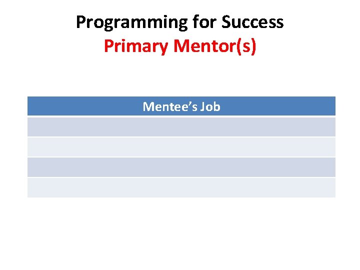 Programming for Success Primary Mentor(s) Mentee’s Job 