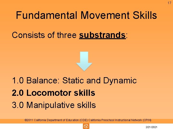 17 Fundamental Movement Skills Consists of three substrands: 1. 0 Balance: Static and Dynamic 17 Fundamental Movement Skills Consists of three substrands: 1. 0 Balance: Static and Dynamic