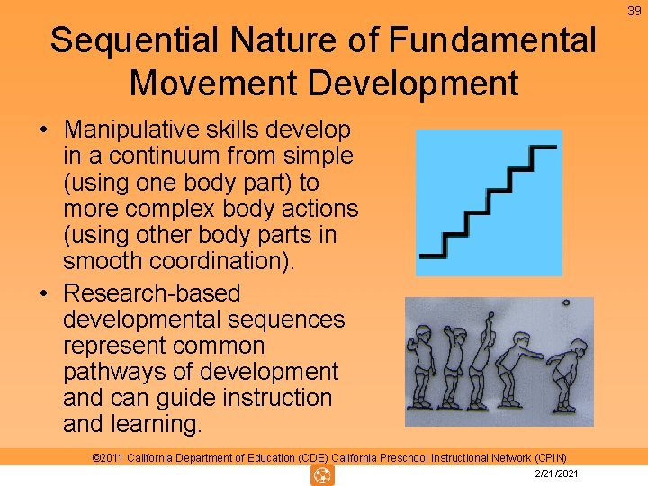 39 Sequential Nature of Fundamental Movement Development • Manipulative skills develop in a continuum 39 Sequential Nature of Fundamental Movement Development • Manipulative skills develop in a continuum