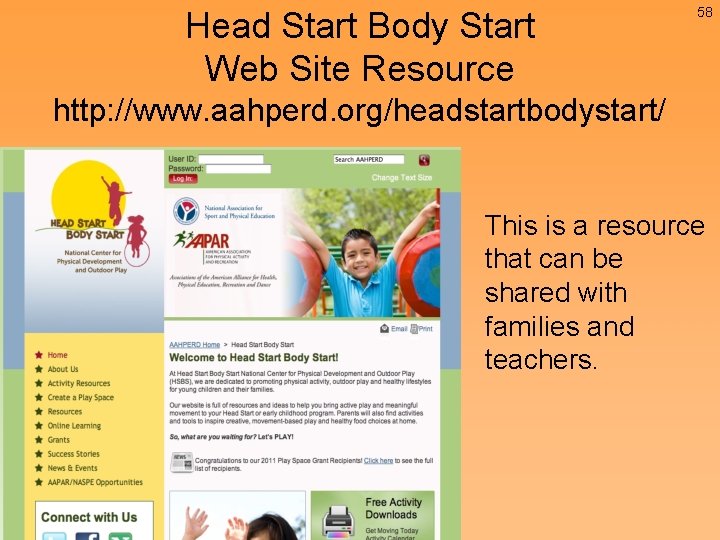 Head Start Body Start Web Site Resource 58 http: //www. aahperd. org/headstartbodystart/ This is Head Start Body Start Web Site Resource 58 http: //www. aahperd. org/headstartbodystart/ This is