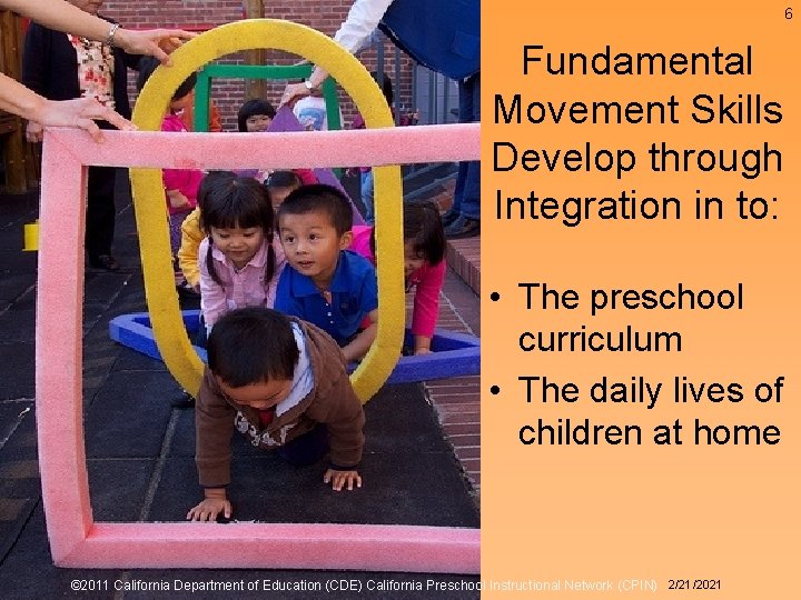 6 Fundamental Movement Skills Develop through Integration in to: • The preschool curriculum • 6 Fundamental Movement Skills Develop through Integration in to: • The preschool curriculum •