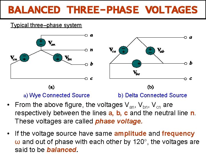 BALANCED THREE-PHASE VOLTAGES Typical three–phase system a) Wye Connected Source b) Delta Connected Source