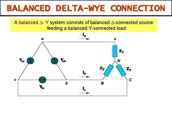 BALANCED DELTA-WYE CONNECTION A balanced ∆- Y system consists of balanced ∆-connected source feeding