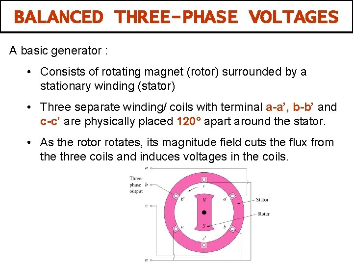 BALANCED THREE-PHASE VOLTAGES A basic generator : • Consists of rotating magnet (rotor) surrounded