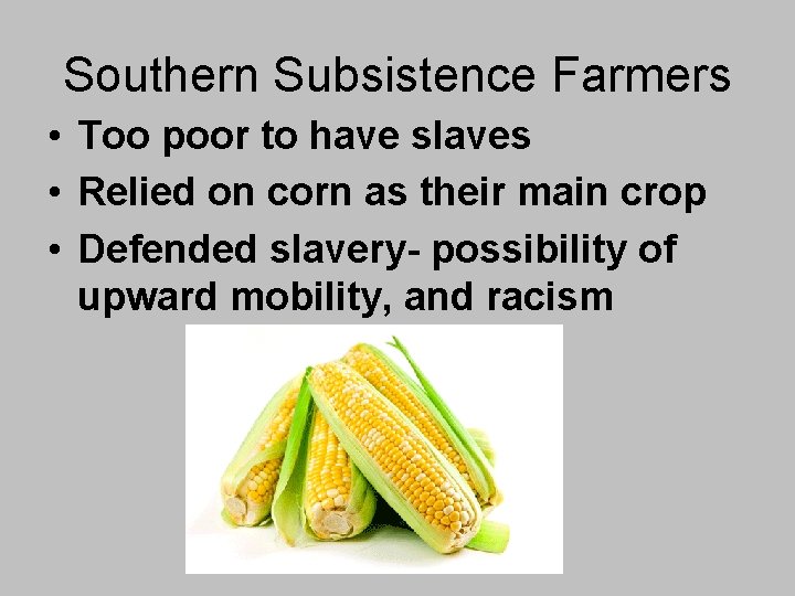 Southern Subsistence Farmers • Too poor to have slaves • Relied on corn as Southern Subsistence Farmers • Too poor to have slaves • Relied on corn as