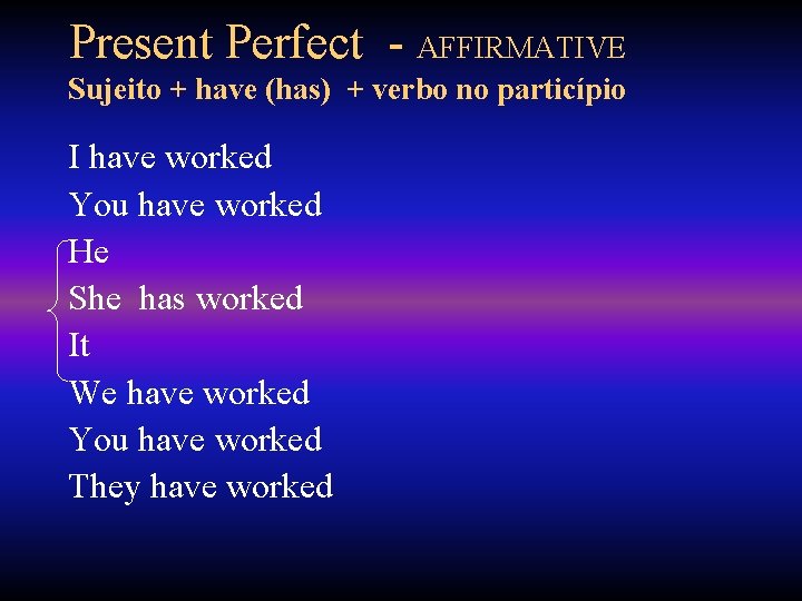 Present Perfect - AFFIRMATIVE Sujeito + have (has) + verbo no particípio I have