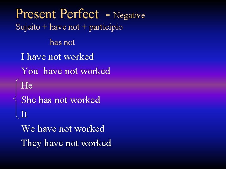 Present Perfect - Negative Sujeito + have not + particípio has not I have