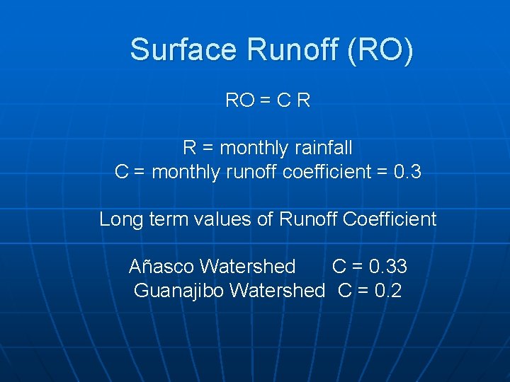 Surface Runoff (RO) RO = C R R = monthly rainfall C = monthly
