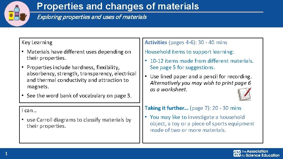 Properties and changes of materials Exploring properties and uses of materials Key Learning Activities