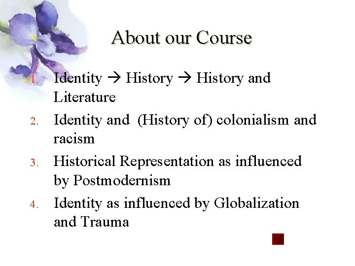 About our Course 1. 2. 3. 4. Identity History and Literature Identity and (History