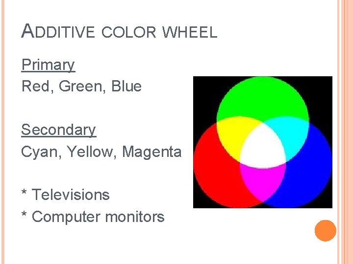 ADDITIVE COLOR WHEEL Primary Red, Green, Blue Secondary Cyan, Yellow, Magenta * Televisions *