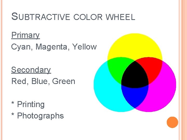 SUBTRACTIVE COLOR WHEEL Primary Cyan, Magenta, Yellow Secondary Red, Blue, Green * Printing *