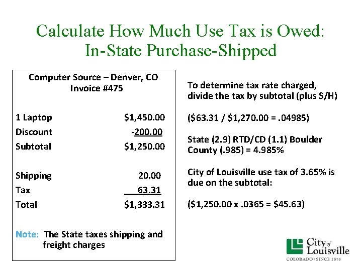 Calculate How Much Use Tax is Owed: In-State Purchase-Shipped Computer Source – Denver, CO Calculate How Much Use Tax is Owed: In-State Purchase-Shipped Computer Source – Denver, CO