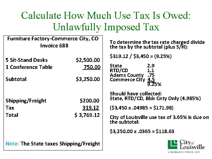 Calculate How Much Use Tax Is Owed: Unlawfully Imposed Tax Furniture Factory-Commerce City, CO Calculate How Much Use Tax Is Owed: Unlawfully Imposed Tax Furniture Factory-Commerce City, CO