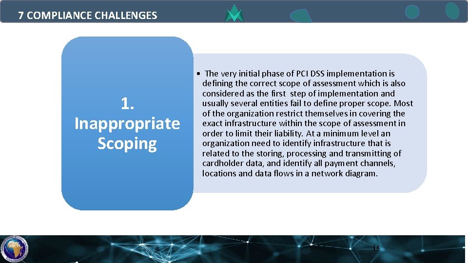 7 COMPLIANCE CHALLENGES 1. Inappropriate Scoping • The very initial phase of PCI DSS