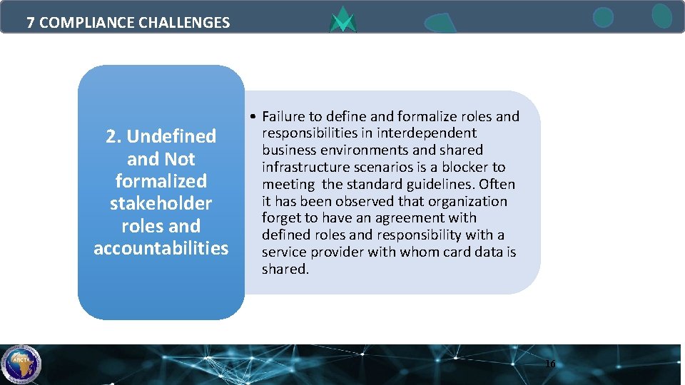 7 COMPLIANCE CHALLENGES 2. Undefined and Not formalized stakeholder roles and accountabilities • Failure