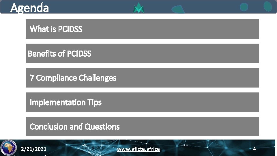 Agenda What is PCIDSS Benefits of PCIDSS 7 Compliance Challenges Implementation Tips Conclusion and