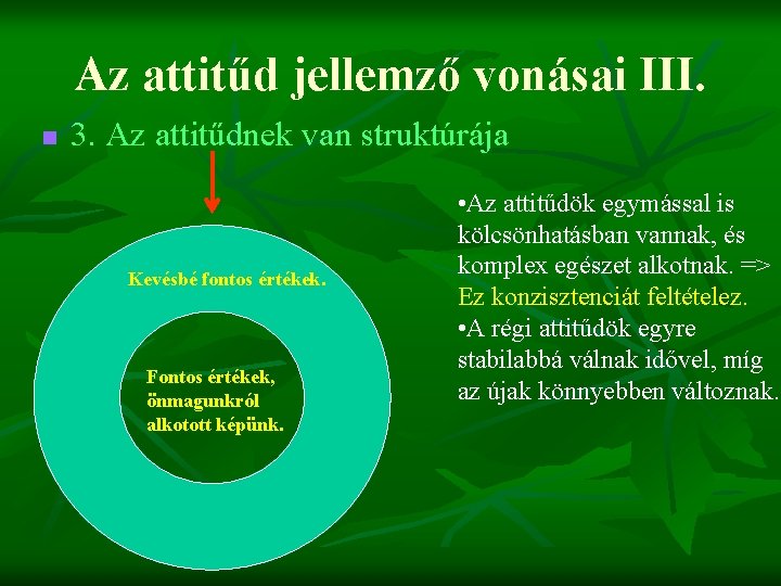 Az attitűd jellemző vonásai III. n 3. Az attitűdnek van struktúrája Kevésbé fontos értékek.