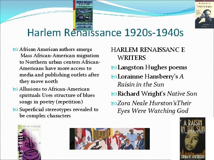 Harlem Renaissance 1920 s-1940 s African American authors emerge Mass African-American migration to Northern Harlem Renaissance 1920 s-1940 s African American authors emerge Mass African-American migration to Northern