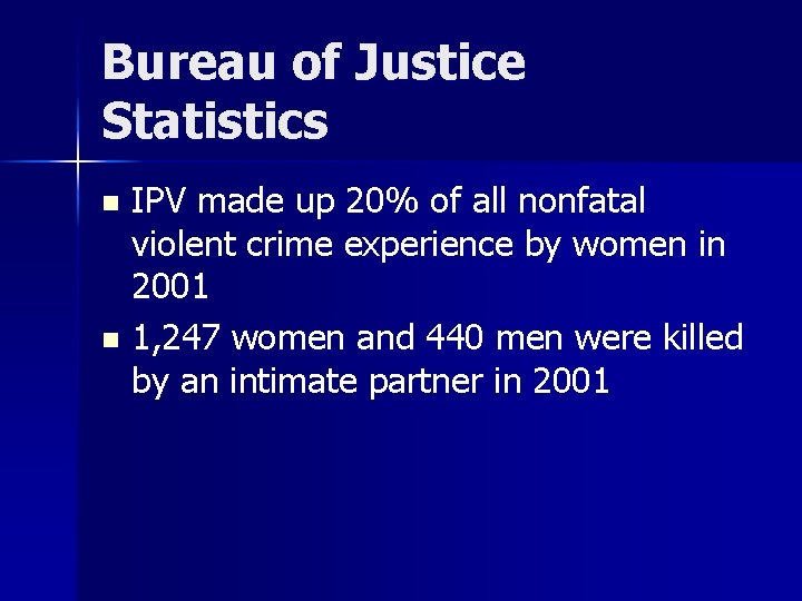 Bureau of Justice Statistics IPV made up 20% of all nonfatal violent crime experience