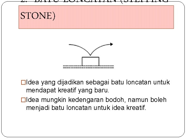 2. BATU LONCATAN (STEPPING STONE) �Idea yang dijadikan sebagai batu loncatan untuk mendapat kreatif