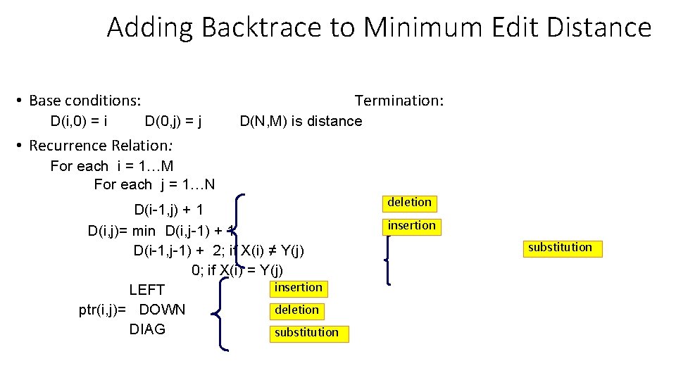 Adding Backtrace to Minimum Edit Distance • Base conditions: D(i, 0) = i Termination: